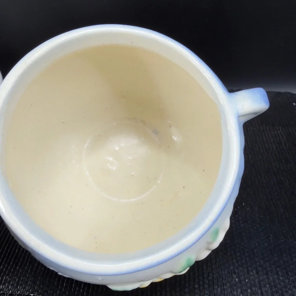 Vintage Pottery Flower Planter Blue‎ White Yellow Rose Relief Double Handle Pot